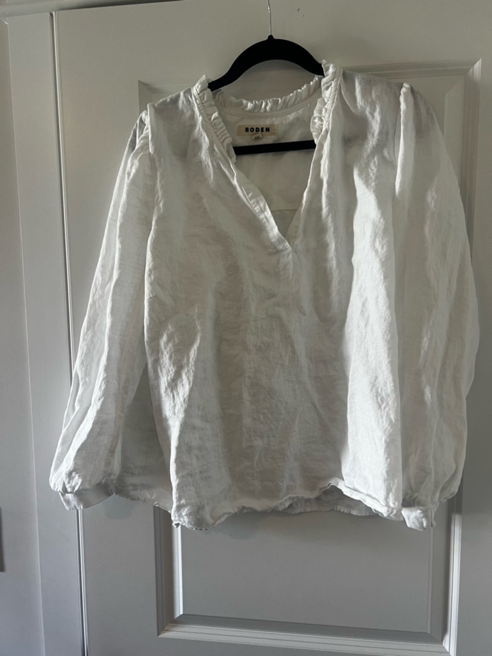 Boden White Ruffle V-Neck Linen Blouse
